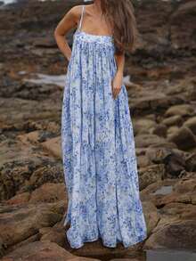 一件印花波西米亚风休闲优雅针织露背荷叶边系带连衣裙，适合返校、派对、夏季海滩旅行等场合。 - 淺藍色 - 查看 1