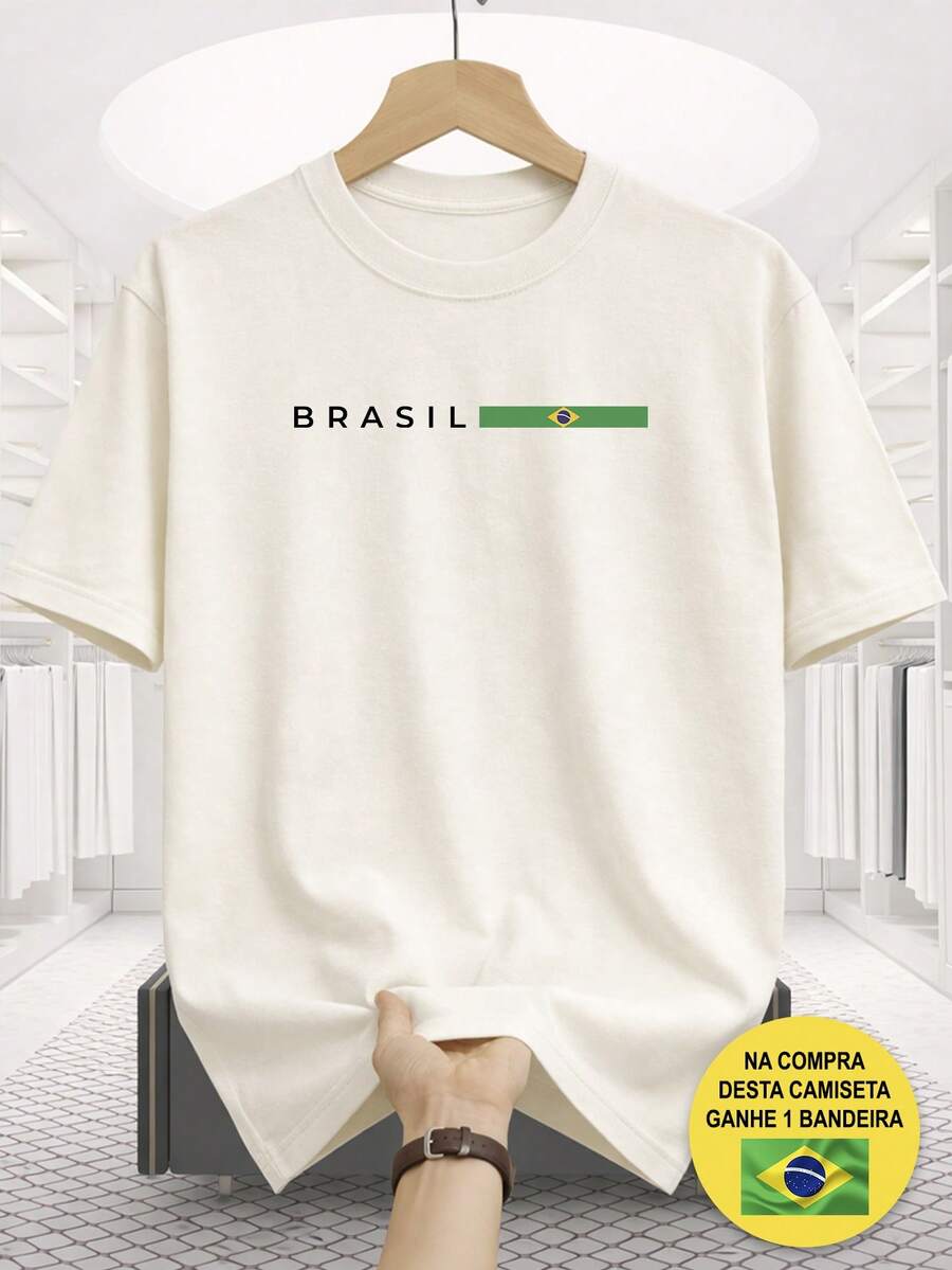 T-Shirt With Brazil Print, 100% Cotton, Casual, Comfortable, Supporting The Brazilian National Team, World Cup Hexa + Free Brazilian Flag - OFF - 查看 1
