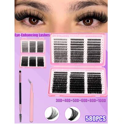 580PCS Clusters D Curl Fake Eyelashes High Capacity Suit(Premium Eyelash Brush & Tweezer – Free Gift) For Thick Fluffy, Natural Look Eyes Makeup Beauty, DIY At Home Large Capacity Individual Eyelashes Book For Beginner