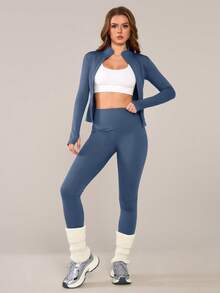 NcmRyu 1 Set Women's Fashion Elastic Running, Dancing, Fitness, Yoga Outfit With Tummy Control Spring - Blue - View 6