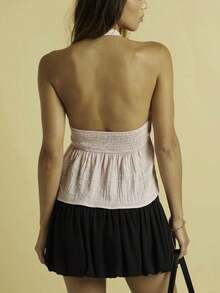 Women V-Neck Cami Tops Solid Color Flower Tank Tops - Pink - View 2