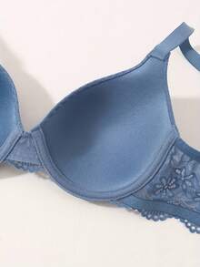 Set Bra dan Celana Dalam Wanita dari Katun Jacquard dan Renda - Biru - View 3