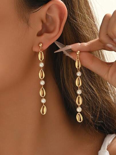 1 Pair Summer Beach Vacation Style Faux Pearl Tooth Decor Earrings, Women Ear Jewelry Suitable For Daily Wear, Vacation, Party And Date