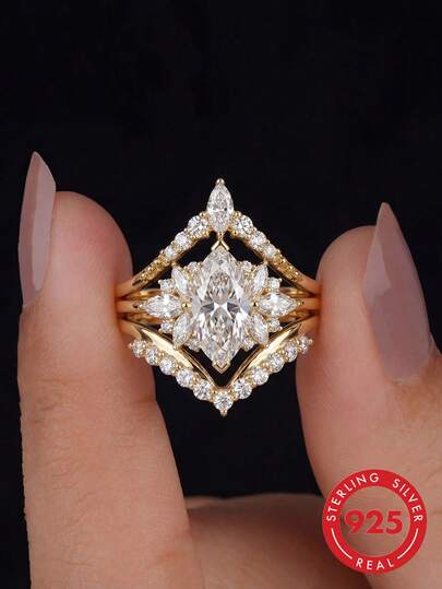 3 pièces Ensemble de bagues en argent sterling 925 étincelantes en forme de V et en forme d'œil de cheval, convient pour un port quotidien, les rendez-vous, un cadeau de bijoux raffiné pour les femmes, cadeau de Nouvel An, cadeau de la Saint-Valentin