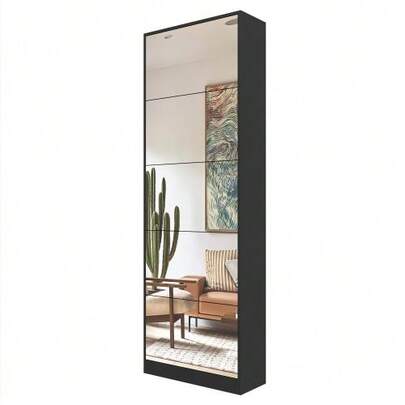 Mirrored Shoe Cabinet With 5 Drop-Down Drawers, Two-Tier Shoe Cabinet, Mirrored Shoe Cabinet, Freestanding Drop-Down Shoe Cabinet, Entryway, Black