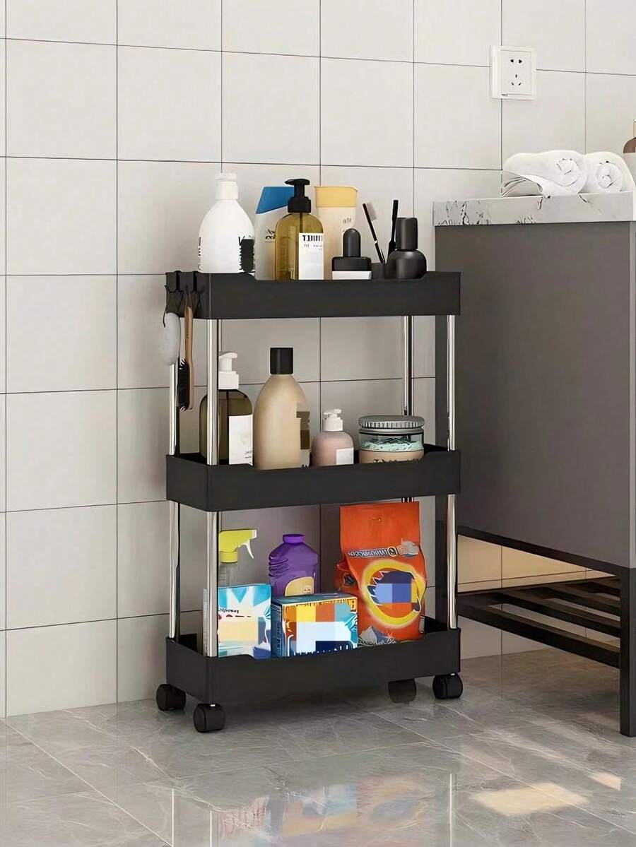 1pc Black Small Multi-Tier Mobile Storage Rack, Vertical Design, Suitable For Bathroom, Toilet, Gaps, Living Room, Kitchen, Multi-Layer Storage Rack, Small Mobile Storage Rack, Home Bathroom Decor, Bathroom Storage Organizer, Autumn Decor, Back To School Decor - Multicolor - View 1