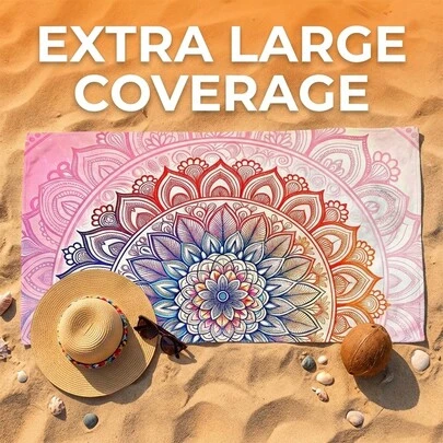 这款柔软的曼陀罗图案印花超细纤维沙滩巾，适用于海滩、游泳池、露营、旅行、浴室、健身、瑜伽等场合。它采用超细纤维制成，触感柔软舒适，是一款时尚的沙滩巾，吸水性极佳，轻便易携，防风防晒，夏季旅行防沙，也是度假浴室的理想装饰。拥有它，您一定会后悔！夏季必备！