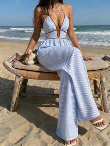 女士条纹针织连体裤，撞色滚边，褶裥设计，腰部系带，适合春夏度假、节日、约会、返校和派对等场合，尽显优雅气质。 - 藍白色 - 查看 1