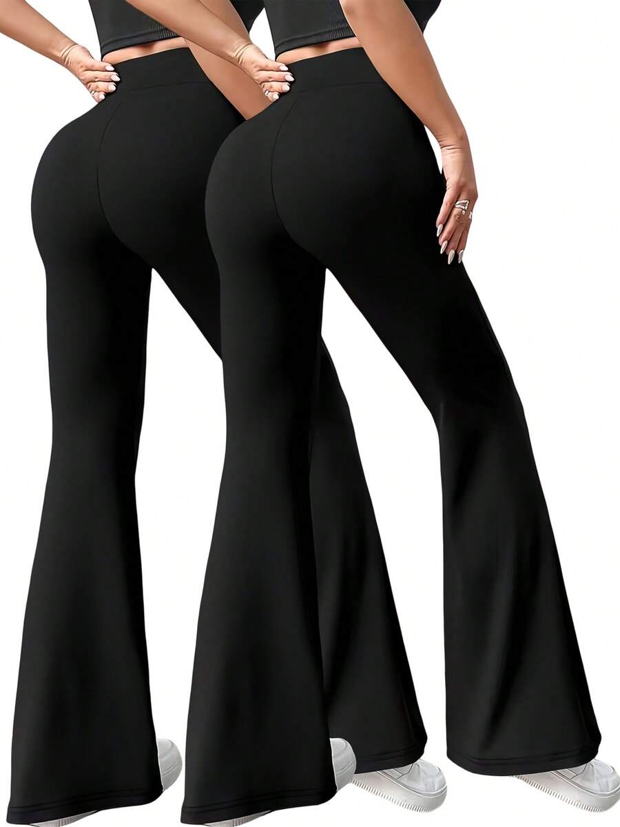 2-Pack Women's High Waist Solid Black Gray Red Flared Leggings With Side Pockets, Bootcut Yoga Pants For Fitness, Pilates, Jogging, Casual Daily Wear, Breathable Soft Athletic Pants - 2PCS(Black) - 查看 1
