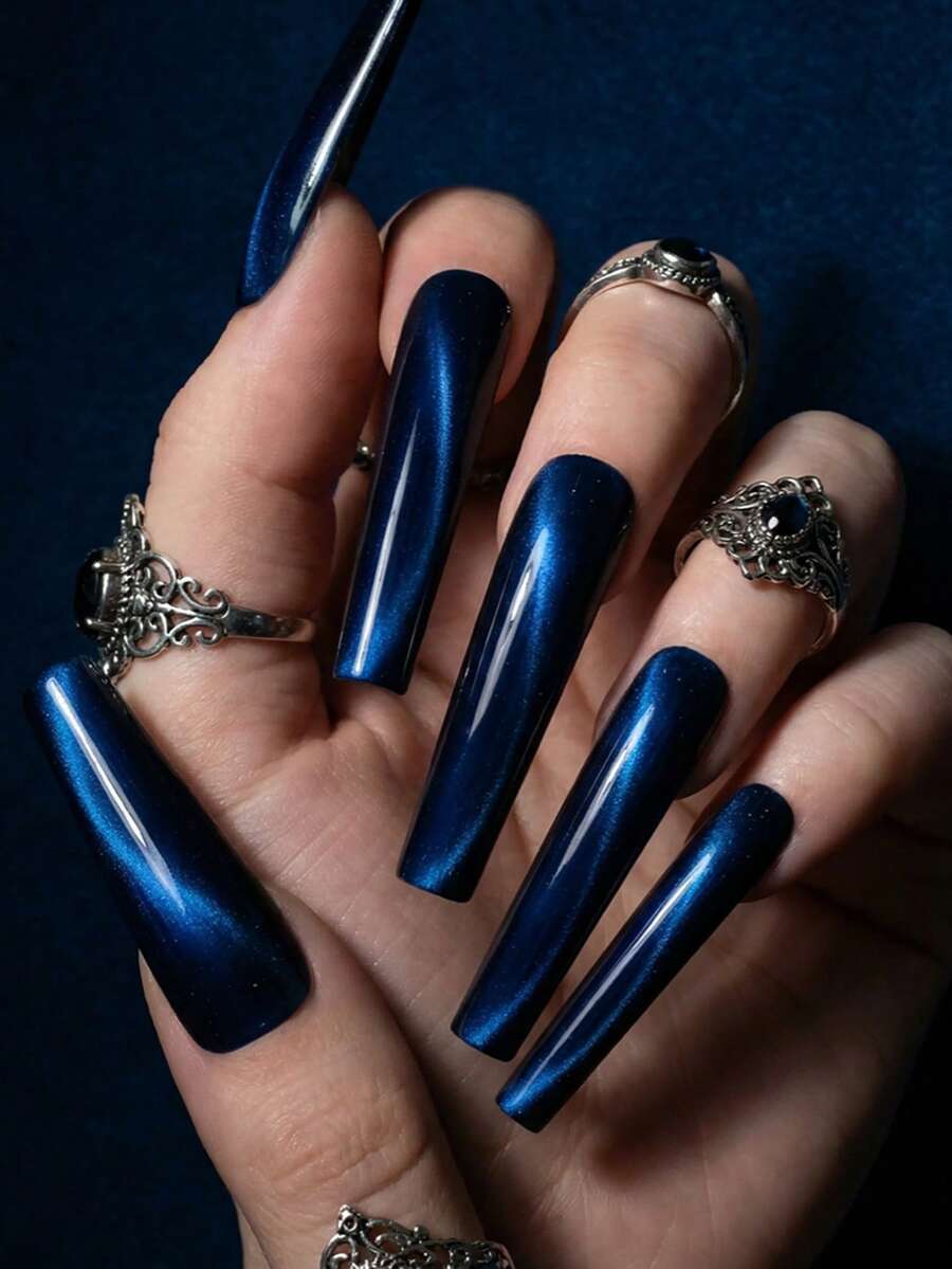 Premium Handmade Long Square Press On Nails, Multi Color Cat Eye Design, High Gloss Sleek Finish, Salon Grade Reusable, Formal Occasion Nails Summer Easter - 藏蓝色 - 查看 1