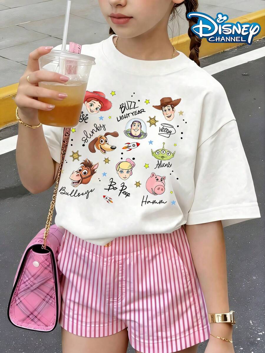 Disney Toy Story Character Name Sticker T-Shirt Print Pattern Summer Tops,Short-Sleeved Casual And Cute Style  Children's Clothing Design,Summer Outfits ,Girl Clothes For Kids ,Ropa Para Niños,Teen Girls Clothes,Kids Clothes,Graphic Tee, Summer Clothes,Perfect For Cool Girls. Comfortable And Breathable Children's Short-Sleeved T-Shirt. Comfortable And Casual Wear All Year Round  Children's Clothes,Comfortable & Lightweight, Iconic Print For Mix-And-Match Outfits,Suitable For Both Boys And Girls. - White - View 1
