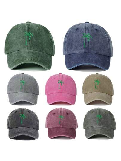 1pc Embroidered Coconut Tree Pattern Baseball Cap, Korean Fashion Casual Washed Polyester Breathable Soft Retro Minimalist High-End Women's Accessory Sun Hat With Long Brim, Unisex, Suitable For Work, School Or Leisure Wear, Unisex