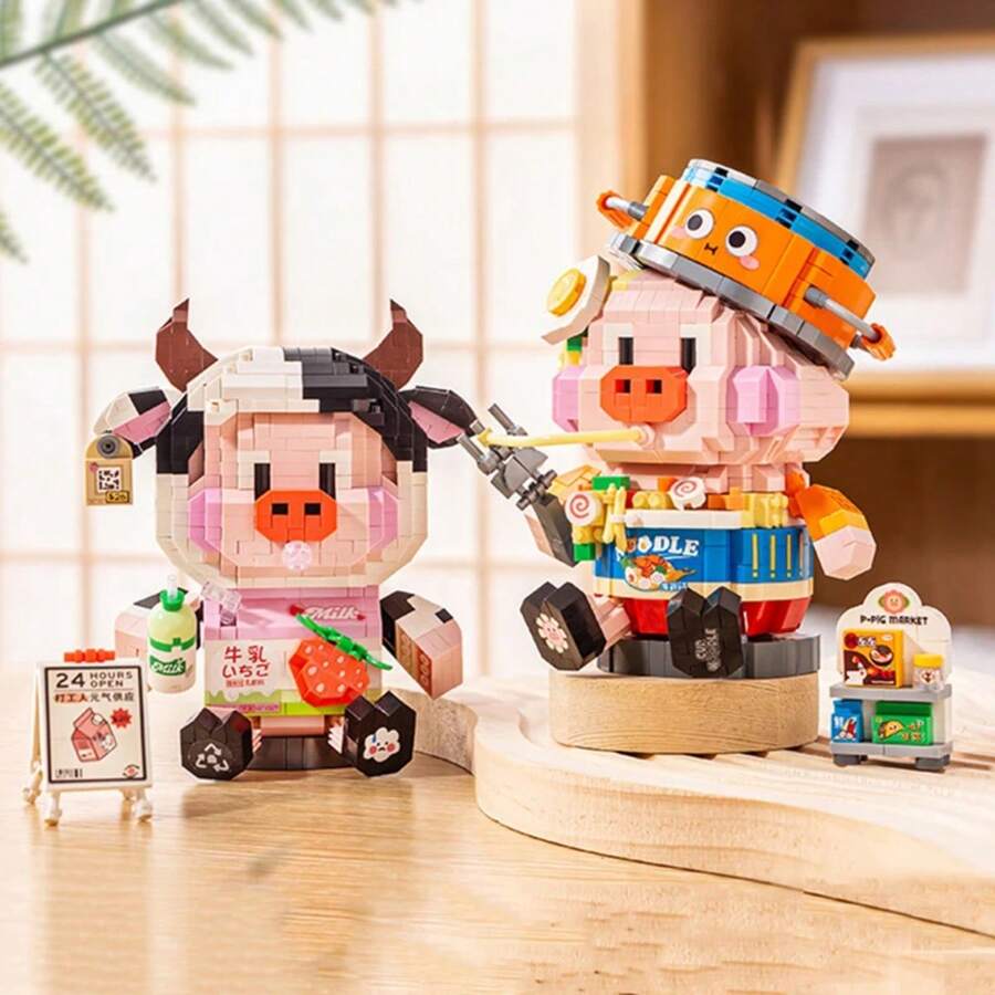 Cute Animal Model Mini Building Blocks, DIY Pasta Jar Piglet, Strawberry Calf, Puzzle Assembly, Home Decor, Stress Relief, Suitable For Gifts, Birthday, Halloween/Thanksgiving/Christmas - Multicolor - View 1