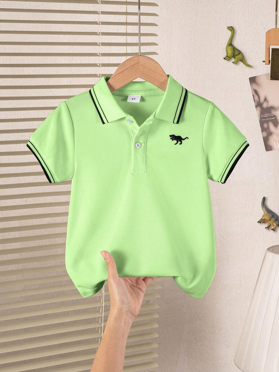 Young Boy Striped Print Contrast Trim Short Sleeve Polo Shirt - Green - View 1