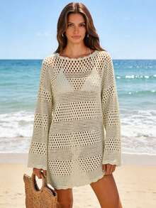 Women's Summer Beach Cover Ups Crochet Knit Swimwear Bathing Suit Coverup Bikini Beach Dress Pullover Vacation Outfits - Màu be - Xem 3