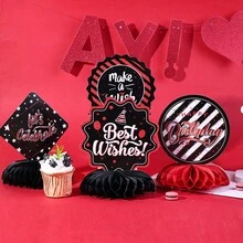 8 Stücke rote & schwarze Geburtstags-Party Wabenzentrum Dekorationen - mit glitzernden Geburtstagskuchen & Cupcake Designs mit "Alles Gute zum Geburtstag" Text, geeignet für 16-60 Jahre alte Erwachsenen Geburtstags-Party und Feier, rote & schwarze Tisch-Mittelstück - Mehrfarbig - Übersicht 4
