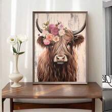 1 Pièce D'illustration Vintage De Vache Des Highlands Avec Impression Sur Toile Sans Cadre, Imperméable, Tête De Vache De Style Rustique Portant Des Fleurs, Art Mural De Salon, Décoration De Chambre À Coucher - Multicolore - Voir 9