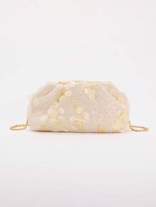 女士奶油色贝壳亮片褶皱手拿包，迷你链条斜挎包，适合婚礼、派对、舞会、晚宴等场合 - 杏色 - 查看 5