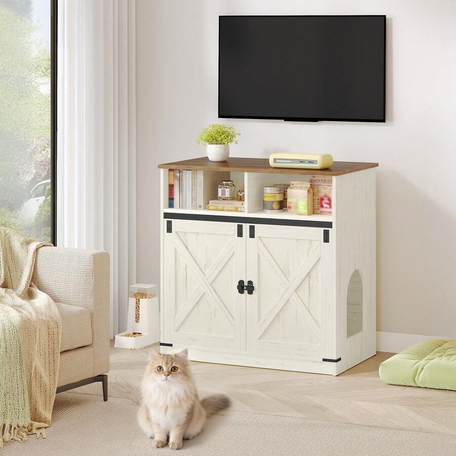 HaluPeit Cat Litter Box Cabinet, 80 X 48 X 80 Cm, Hidden Cat Cabinet With Storage Space, Wooden Cat Cabinet, Country-Style Cat House, TV Cabinet/Side Table, Vintage Brown And White - trắng nâu - Xem 1