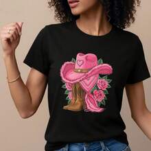 Sombrero de vaquero rosas Camiseta deportiva de manga corta de  para mujer- 1pcs, 180Gsm, 100% Cotton - Negro - Ver 3