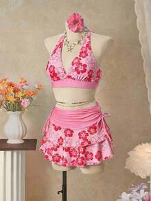 Bellisia 26ss Spring/Summer Vacation Beach Orange Halter Triangle Top & Mini Skirt Bikini 3 Pieces Set , Women's Summer Beach Music Festival Flower Print Skirt Halter Casual Vacation Style Bikini 3-Piece Set, Spring Outfit Women, Skirt Swimwear Set Orange Two Pieces Set Summer Two Pieces Set Summer Skirt And Top Set Vacation Outfits Woman Skirt Set 2000s Dress - 粉色 - 查看 6