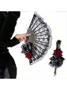 Quạt xếp kiểu Tây Ban Nha cổ điển thanh lịch, thiết kế họa tiết ren hoa hồng, thích hợp cho các bữa tiệc và làm quà tặng, vật dụng thiết yếu hàng ngày, món quà lý tưởng. - Quạt ren - Xem 9