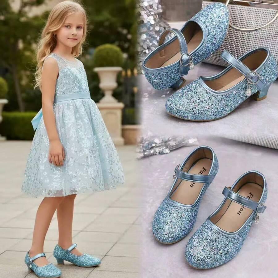 1 Đôi Giày Cao Gót Lấp Lánh Thời Trang Cho Bé Gái, Giày Biểu Diễn Khiêu Vũ Mũi Tròn Đế Bằng, Giày Công Chúa, Hàng Mới Về - Màu xanh lam - Xem 1