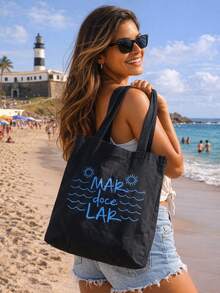 Ecobag Preta Mar doce Lar Bolsa de Moda Praia Sacola Feminina Ecológica Algodão Cru Tote Bag - Preto - Visão 6