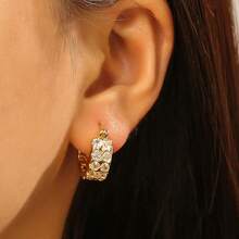 1 par de elegantes pendientes de doble hilera estilo Instagram con incrustaciones, pendientes minimalistas, modernos y versátiles de cobre. - Dorado - Ver 10