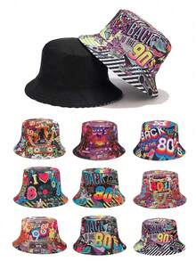 1 chiếc mũ xô hai mặt kiểu retro thập niên 80, in chữ và họa tiết ngẫu nhiên, thích hợp cho mùa xuân/hè, đi biển, du lịch. - A - Xem 8