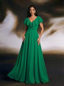 Smilprince 长款绿色伴娘礼服，V领，荷叶边袖，梭织面料 - 綠色 - 查看 3