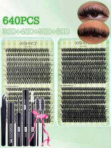 Bộ 640 sợi mi giả dạng chùm, mi giả dày và cong, độ cong D-Curl 8-16mm, nhiều độ dài khác nhau, bộ tự làm mi giả, mi giả mềm mại, tạo hiệu ứng trang điểm mắt bướm Y2K tự nhiên và dày dặn, dễ dàng tự làm tại nhà, keo dán mi lâu trôi, dung dịch tẩy mi, nhíp, mi giả dạng chùm (30D+40D+50D+60D/50D+60D+80D+100D) - Nhiều màu - Xem 16