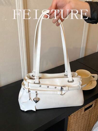 1件 FEISTURE 纯色PU布肩带装饰单肩包，时尚腋下保龄球包，适合女孩、女士、大学生、年轻职业人士，非常适合工作、商务、通勤、上学等场合。