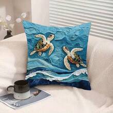 1 pièce Taie d'oreiller avec imprimé tortue de mer, charme côtier - Faux broderie thème océanique avec fermeture éclair, lavable en machine, style contemporain pour salon, canapé, décoration de chambre (sans insert inclus), décoration tortue - 1PC - Voir 9