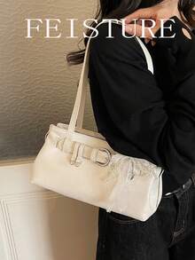 1pc FEISTURE Strap Decor Shoulder Bag, PU Material Underarm Bag With Pendant, Suitable For Daily Outing, Dating, Commuting - White - View 5