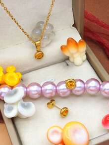 Bộ trang sức 3 món bằng thép không gỉ, bao gồm dây chuyền mặt đá CZ tròn và bông tai dáng dài, thích hợp làm quà tặng tốt nghiệp, tựu trường, Ngày Valentine, Ngày của Mẹ, sinh nhật, kỷ niệm, hẹn hò, dự tiệc và du lịch. - Nhiều màu - Xem 14