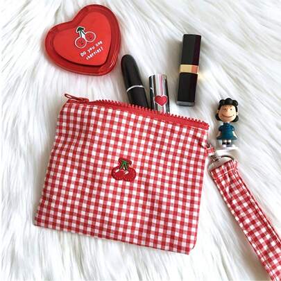 1pc Cherry Coin Storage Bag - Portable Makeup Kit For Outdoor Use - Multi-Functional Sanitary Napkin Storage Bag, Embroidered Cherry Canvas Makeup Bag, Portable And Portable Cosmetics Storage Bag