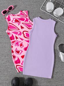 2pcs/Set Girls' Heart Print Sleeveless Ribbed Casual Dress, Outdoor Wear - Purple - View 3