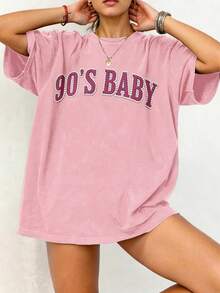 Damen Lässig Rundhalsausschnitt Bequemes Oversize "90s Baby" Bedrucktes T-Shirt, Reguläre Länge Kurzarm Rundhalsausschnitt Top, Weicher dehnbarer Lässig Stoff Pink Sommer - Pink - Übersicht 3