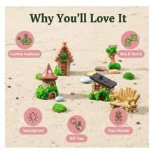 10 Pieces - Simulation Resin Stone House, Wooden House, Wooden Chair, Road Sign, Stone Bonsai Statue Decoration Set, Fairy Garden Accessories/Moss Micro Landscape Gardening Bottle Landscaping/Rockery/Aquarium Decoration, DIY Accessories - Multicolor - View 4
