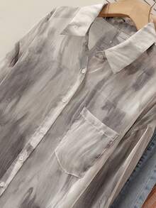 YUXIN 女士春夏甜美扎染防晒衬衫，翻领长袖，日常外出/度假，宽松透气轻便衬衫式上衣 - 淺灰色 - 查看 7