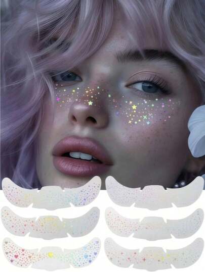 6pcs Holographic Glitter Freckle Makeup Stickers And Temporary Tattoos, Rainbow Gradient Polka Dot/Star/Heart Pattern Face Art Set, Self-Adhesive Waterproof Design For Music Festivals, Halloween, Concerts, Daily Wear And Gifts, Easy Application And Removal, Suitable For Creating Shimmering Fairy Freckles And Delicate Decorations, Great For Women And Beauty Enthusiasts