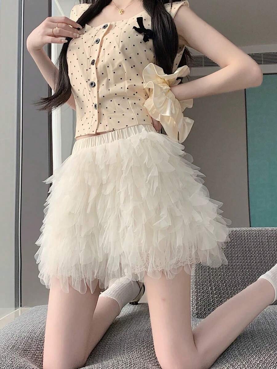 Chân váy xếp ly ren mới dành cho phụ nữ nhỏ nhắn, kiểu dáng chữ A xòe rộng, giúp thon gọn và che khuyết điểm, thích hợp cho mùa xuân/hè. - Màu be - Xem 1