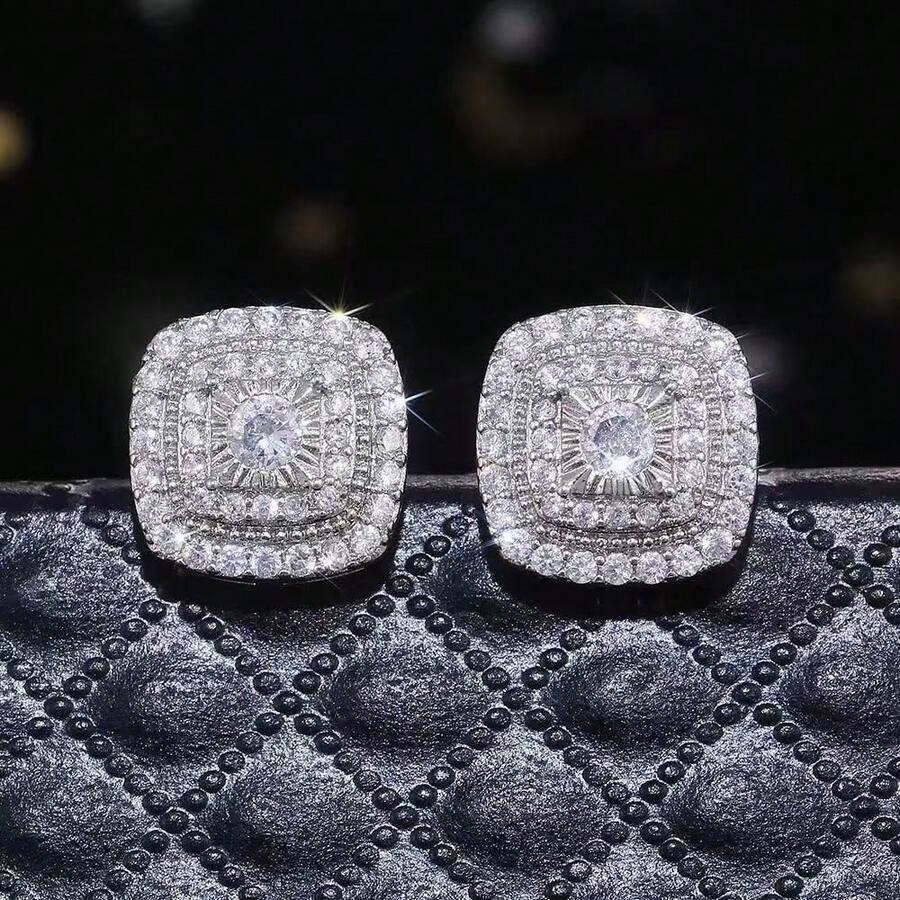2 pièces Boucles d'oreilles carrées vintage ornées de cubic zirconia cubiques brillants, style hip hop. Bijoux de mode et raffinés pour hommes et femmes, convenant pour un port quotidien - carré - Voir 1
