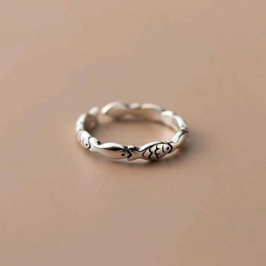 1 Vintage Fashion Simple Thai Silver Small Fish Ring - Antique Silver - View 1