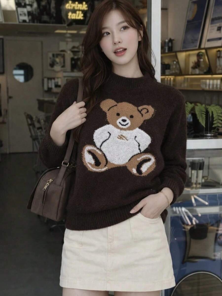 Women's Ribbed Cardigan, Long Sleeves With Dropped Shoulders, Asymmetrical Neckline, Short, Casual, Charming And Warm, With Lining For Autumn. - 鏽棕色 - 查看 1