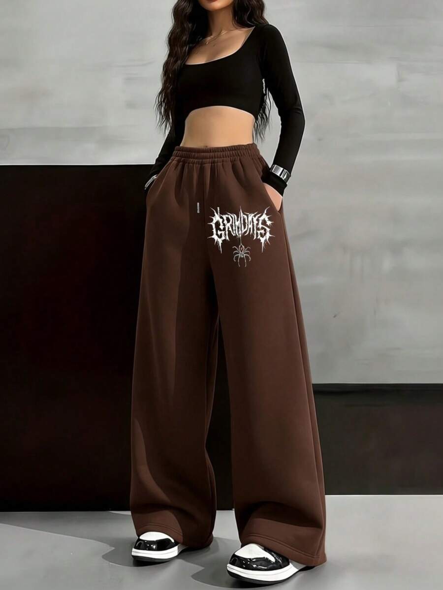 Wide Leg Pants With Hip-Hop Print 'Spider Letters' Streetwear, Comfortable, Versatile, Casual, For Going Out, Holiday Basic, Knit Fabric, Pocket, Drawstring, Tie, Airport Clothes, Holiday, School, Night - 咖啡棕 - 查看 1