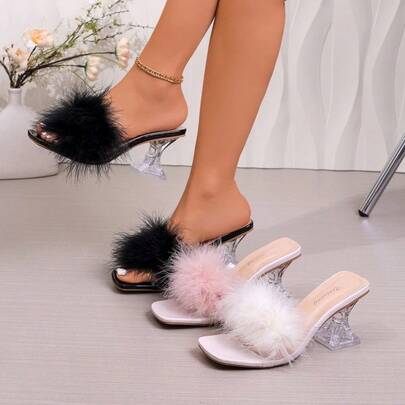 ETHZUDFKL Sandal đế dày mũi vuông trong suốt màu hồng đính lông vũ - Giày mule lông xù - Giày dự tiệc phong cách Y2K - Dép lê thời trang nữ, giày dự tiệc, giày hẹn hò, giày dự đám cưới, sandal đi nghỉ mát, sandal đế trong suốt, dép mũi vuông