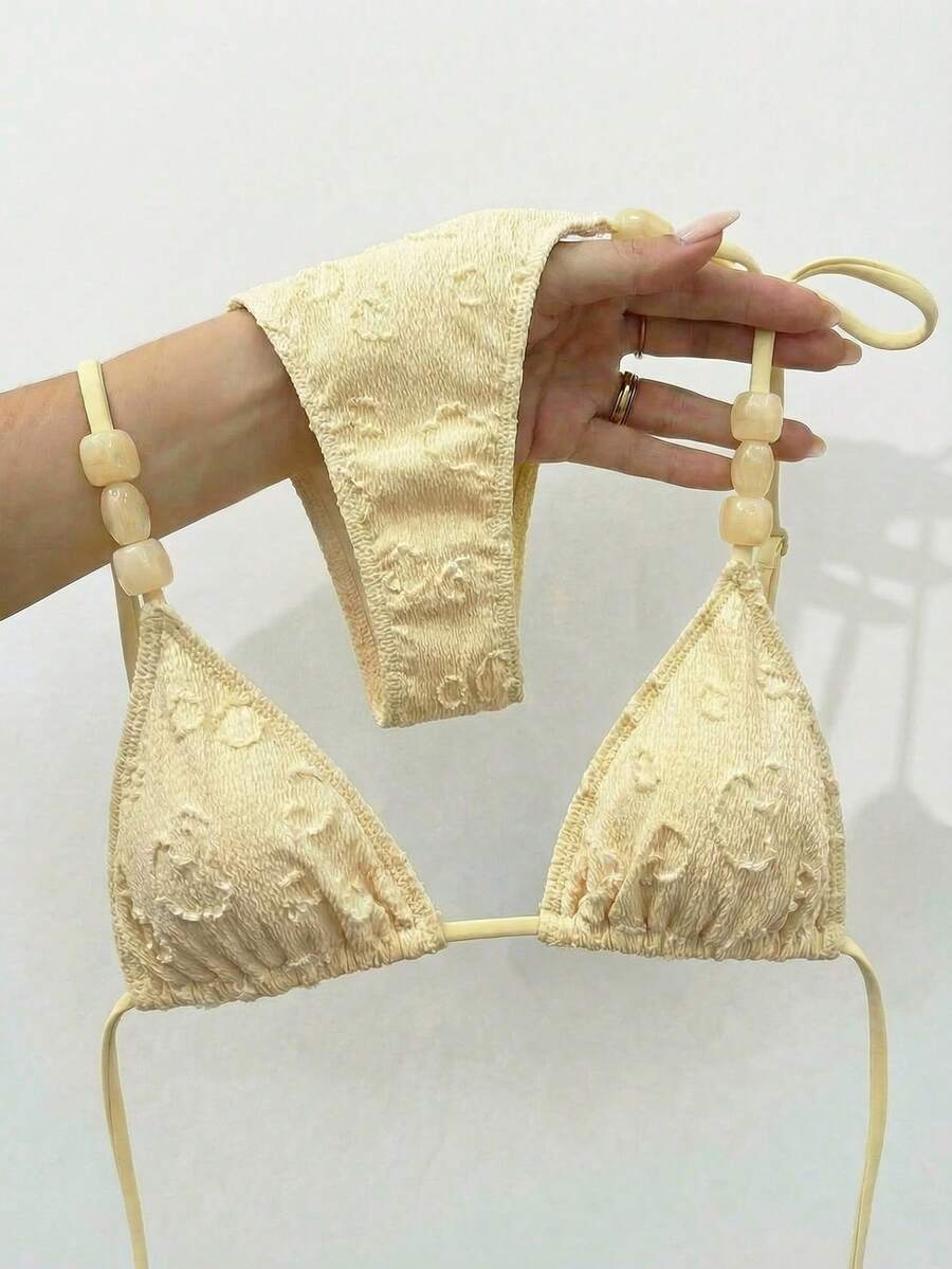 Bikinx Fashionable & Cute Women's Bikini Set, Made Of High Elasticity Textured Fabric, Spaghetti Strap Design, High-Waisted Tie Bottom, Suitable For Casual Daily Wear Vacation