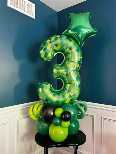 19pcs 40-Inch Green Plaid 0-9 Number Balloons, 18-Inch Pentagram Balloons, 5-Inch & 10-Inch Black, Olive Green, Milky Green Latex Balloons, Suitable For Theme Parties, Birthday Party Decorations
